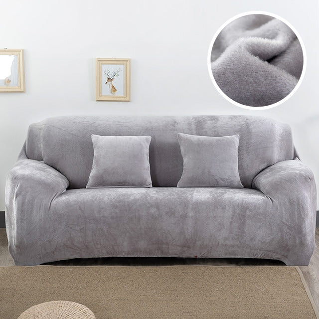 Plush sofa cover in light gray, thick elastic slipcover with cushion covers and arms