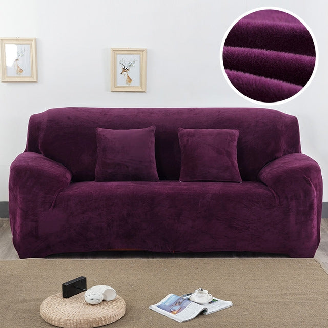Deep purple plush sofa cover, thick elastic slipcover covering sofa arms and cushions