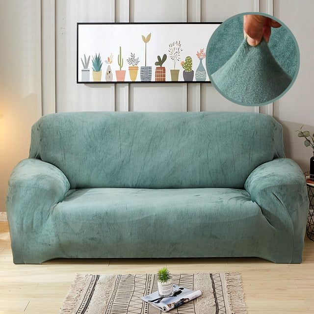 Teal plush sofa cover, thick elastic slipcover with cushion and arm covers