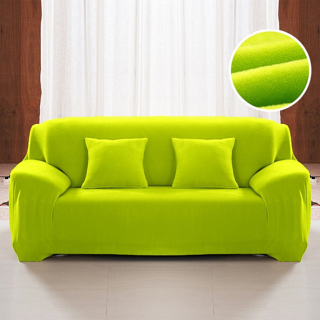 Green plush sofa slipcover with elastic fit, thick velvety texture
