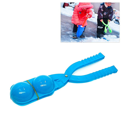 Blue dual sand mold snowball maker with two ball cups on a handle
