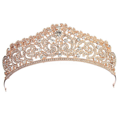 Gold-tone bridal tiara headband with ornate scrollwork and clear rhinestone crystals