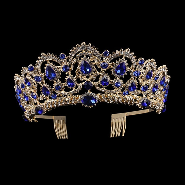 Gold rhinestone tiara crown with blue gem accents and combs