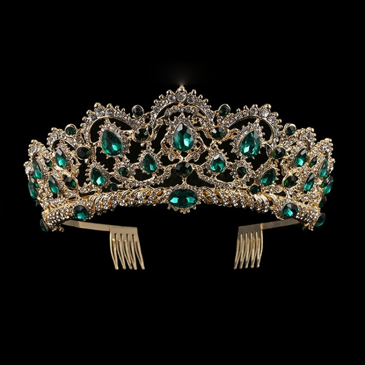 Gold rhinestone tiara crown with green gem accents and combs