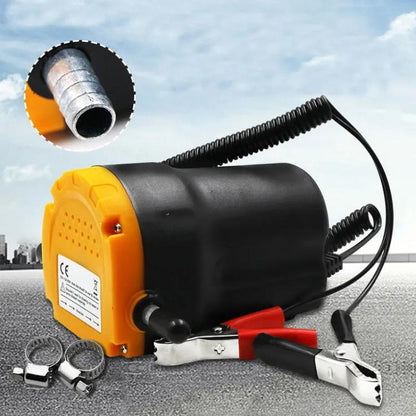 24V oil transfer suction pump with flexible hose and metal inlet end, plus clamp terminals