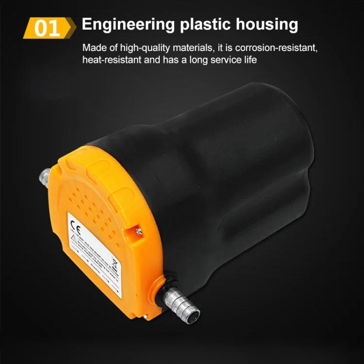 24V oil transfer pump with black housing and metal inlet/outlet connector fitting