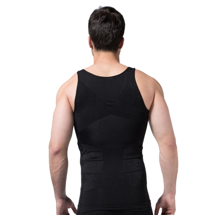 Men's black slimming body shaper tank top, back view, sleeveless scoop neck