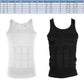 Two men's slimming tank tops, white and black, sleeveless with front compression panels
