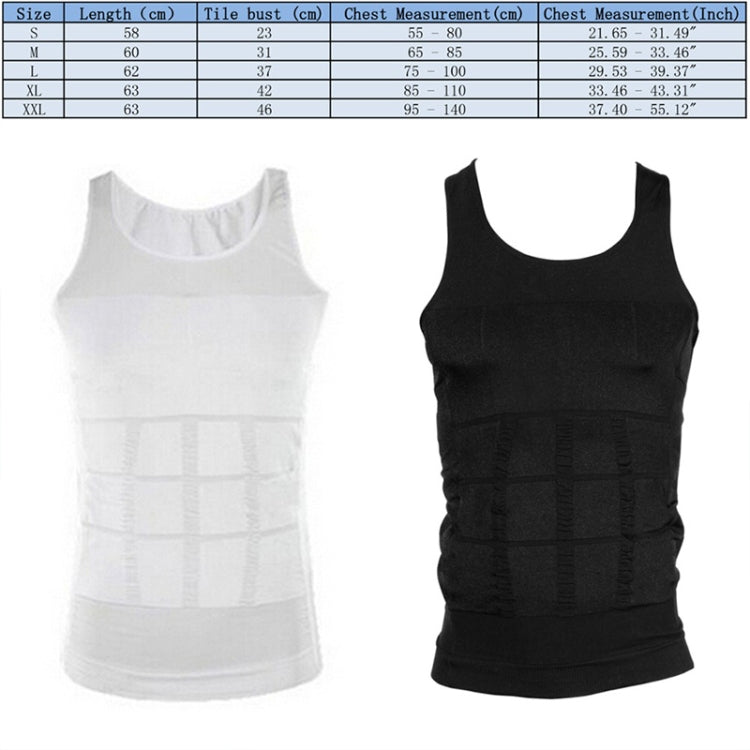 Two men's slimming tank tops, white and black, sleeveless with front compression panels