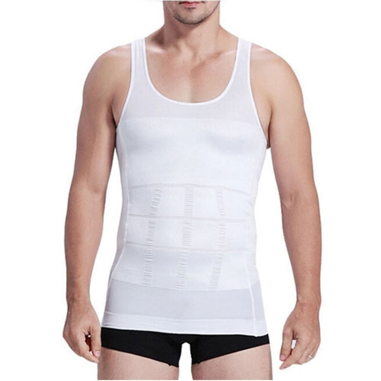 Men's white slimming shaper tank top with front compression grid panels and smooth fit