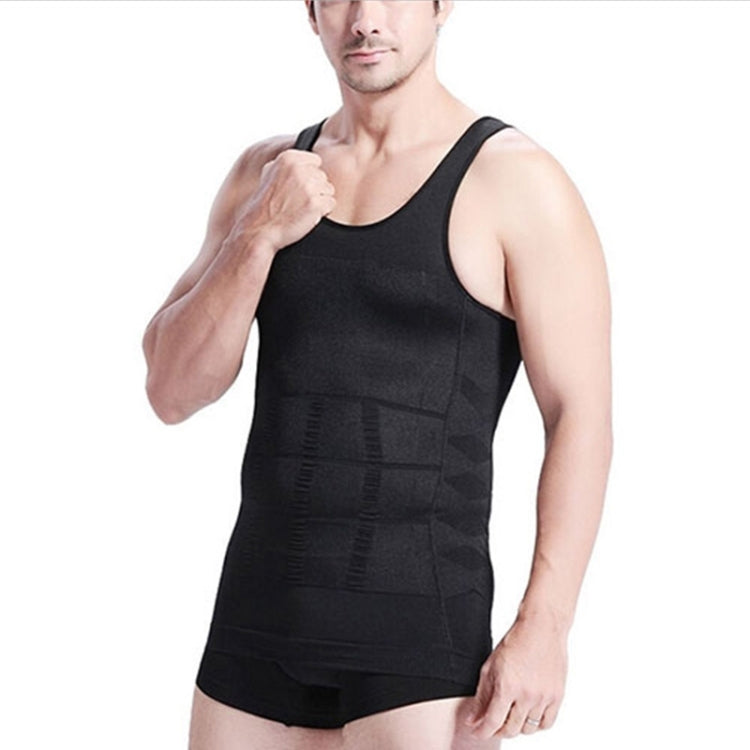 Black sleeveless shaper vest with compression grid panels, front neckline view