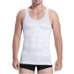 Men's white compression tank vest with segmented belly paneling; sleeveless, briefs included.