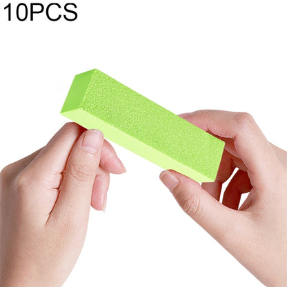 Green nail sanding/buffing block foam rectangle, held in hands for manicure