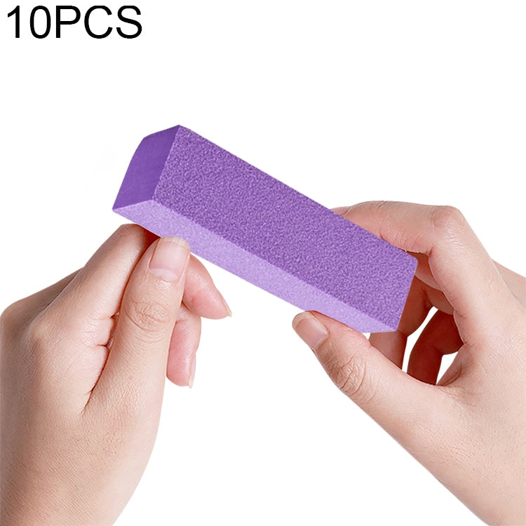Purple nail sanding/buffing block foam rectangle, held for manicure