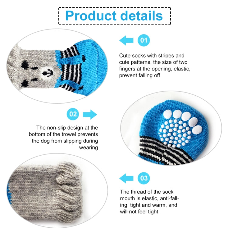 Pet anti-slip socks close-up, striped knit with paw-dot non-slip sole