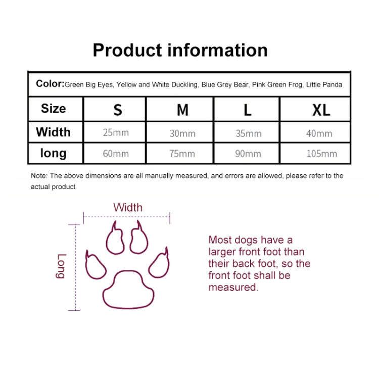 Pet sock size guide with paw outline diagram for fitting length and width