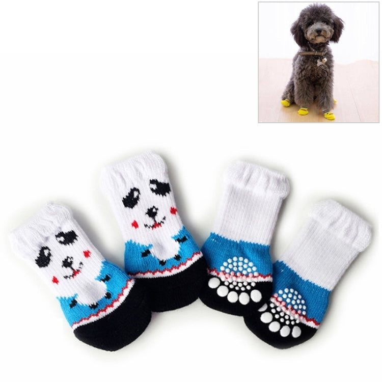 Pet knitted anti-slip socks set, white with blue paw-dot non-slip sole