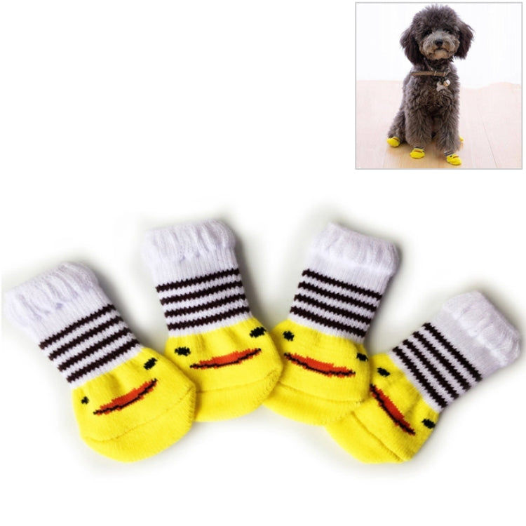 Set of pet knitted anti-slip socks in yellow with chick faces and black striped cuffs