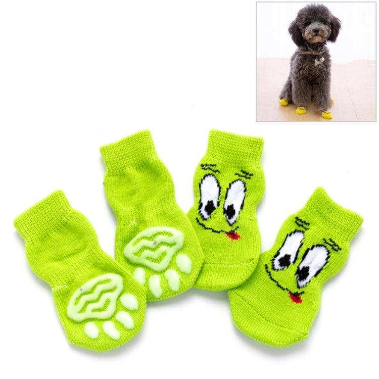 Set of pet knitted anti-slip socks in bright green with cartoon puppy face patches