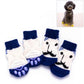 Set of 4 knitted pet anti-slip socks, blue and white puppy dog faces