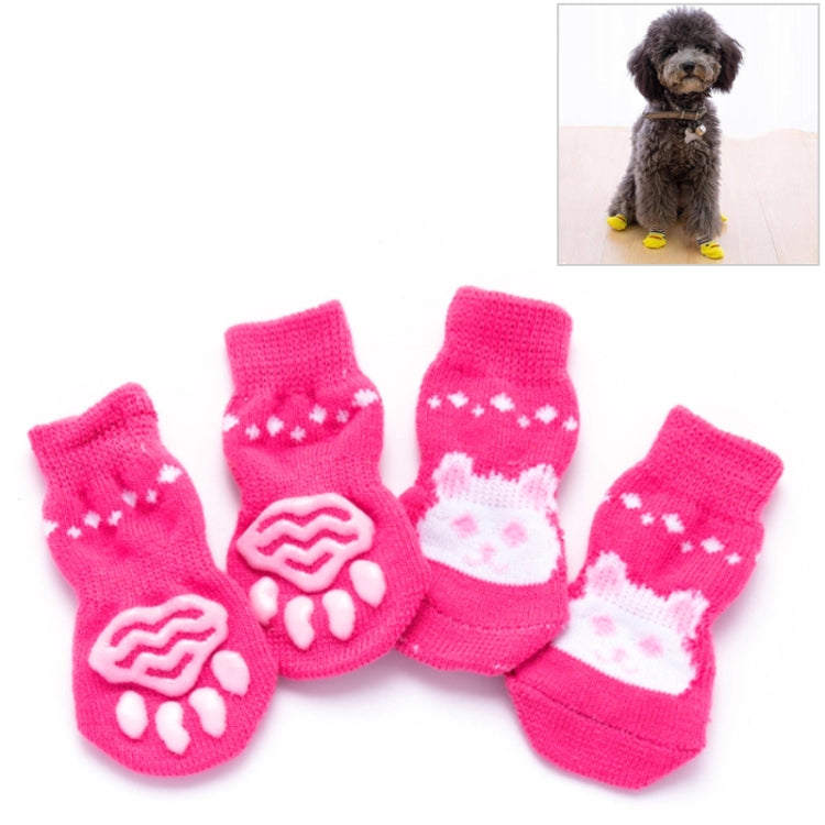 Set of 4 knitted pet anti-slip socks, pink with white paw and heart details
