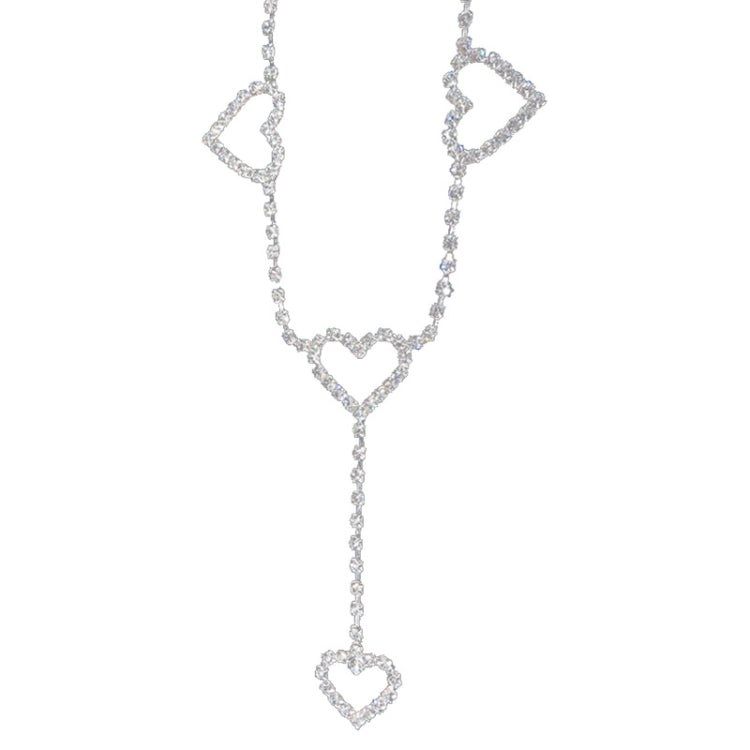 Rhinestone heart waist chain belt with three heart charms and a long dangling heart