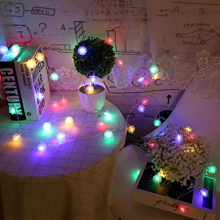 Colorful pine cone LED string lights with multicolor bulbs and soft glowing strands