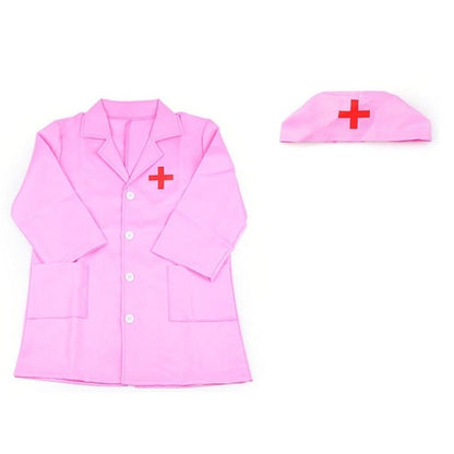 Pink child nurse coat with red cross buttons and matching nurse cap