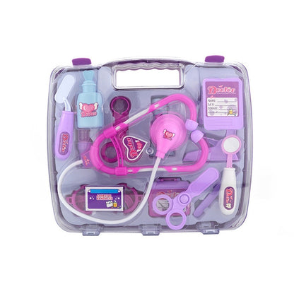 Purple doctor role-play stethoscope set in clear plastic medicine case, with accessories