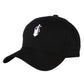 Black baseball cap with small white hand-embroidered logo on the front panel