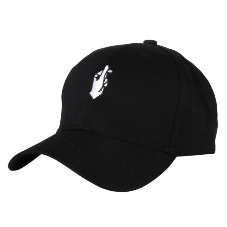 Black baseball cap with small white hand-embroidered logo on the front panel