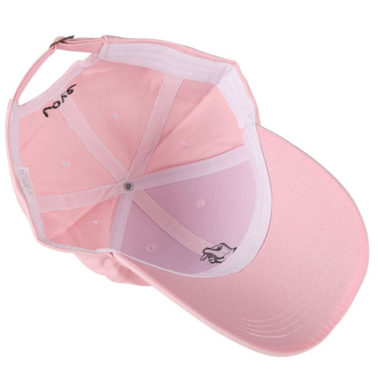 Pink baseball cap with breathable mesh sunshade interior and embroidered side emblem
