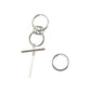 Silver-tone long asymmetric earrings with stacked hoop circles and dangling bar.