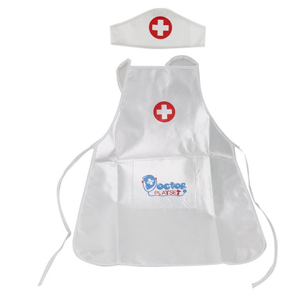 White doctor apron costume with red cross chest patch and tie straps
