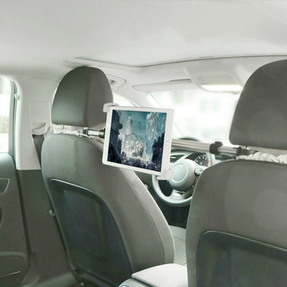 Universal car headrest tablet mount holding a tablet on the rear seat headrest