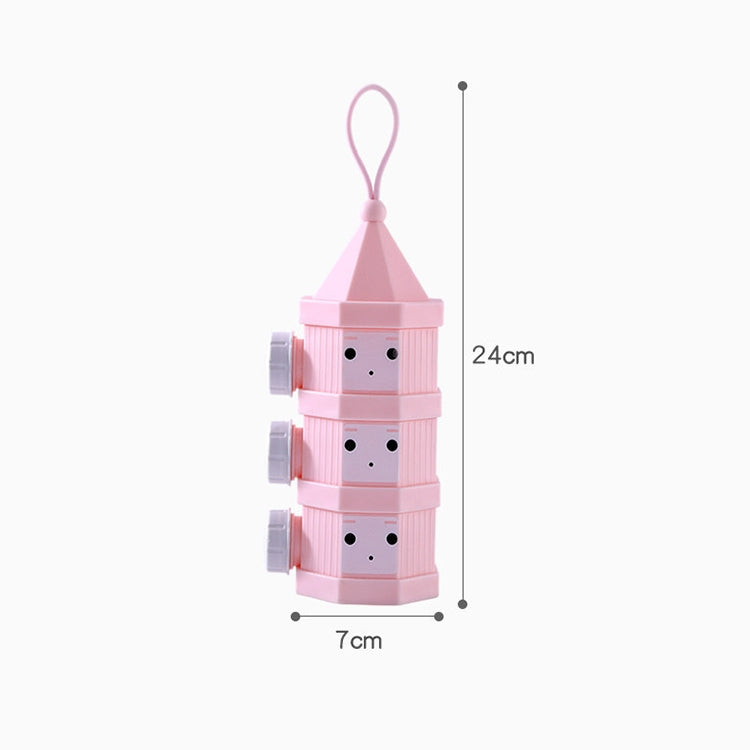 Pink three-tier milk powder container with snap lids and hanging loop, side view