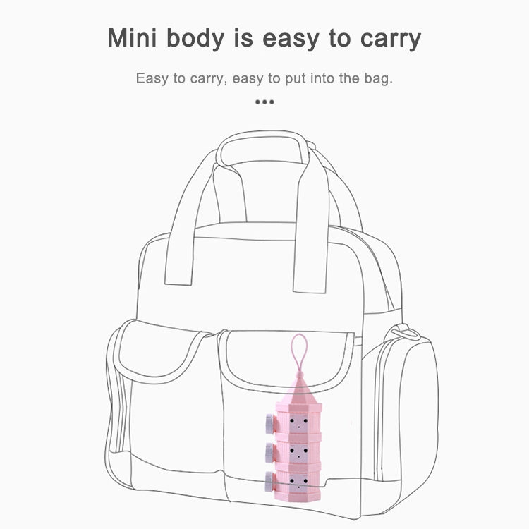 Pink mini layered milk powder box shown stored in a baby bag illustration