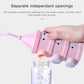 Pink multi-compartment milk powder box with separate openings and hand lifting a cap