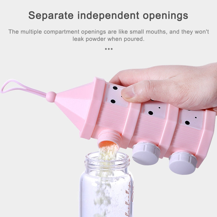Pink multi-compartment milk powder box with separate openings and hand lifting a cap