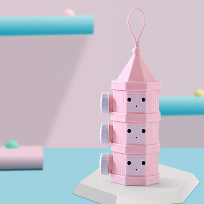 Pink three-compartment portable milk powder box with detachable layers and hanging loop