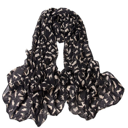 Black chiffon scarf with allover cat silhouette print, long 150cm x 60cm