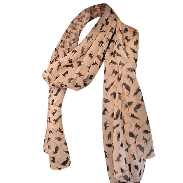Beige khaki cat-print chiffon scarf with long flowing ends