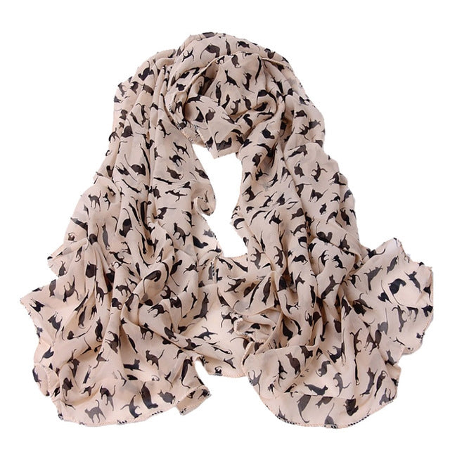 Light pink-beige chiffon scarf with black cat silhouette print, draped loop ends