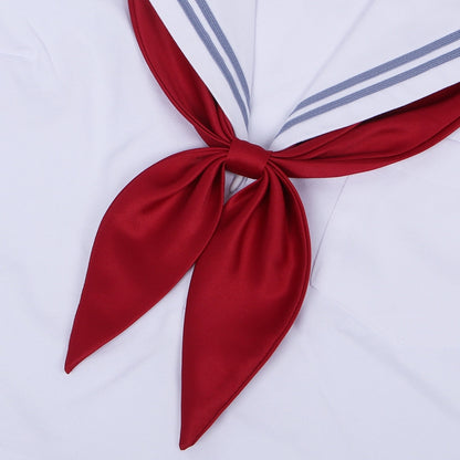 Claret satin bow tie with knot and long tails on white collar