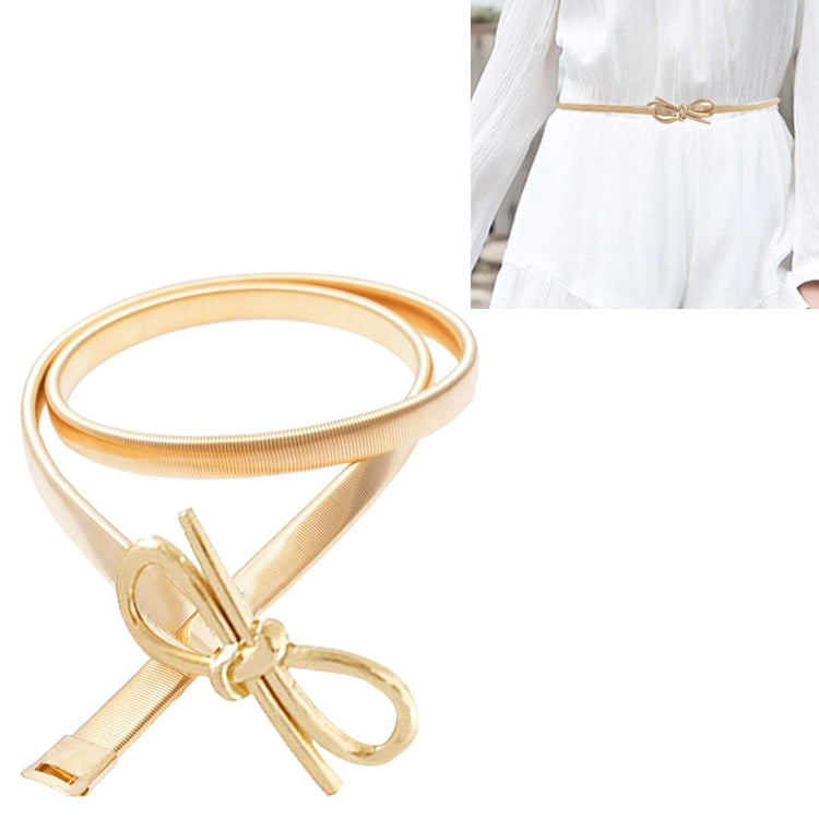 Gold elastic fine belt with bow-knot buckle and oval ring accents