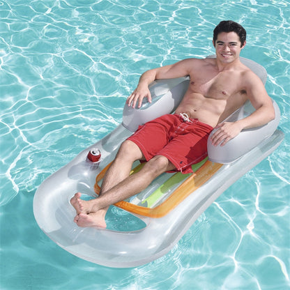 Transparent inflatable lounge chair with back, armrests, and cup holder on sides