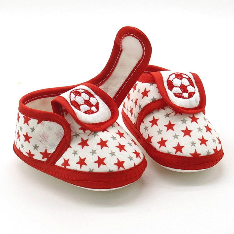 Baby prewalker shoes in red with star pattern and soccer patch, slip-on design