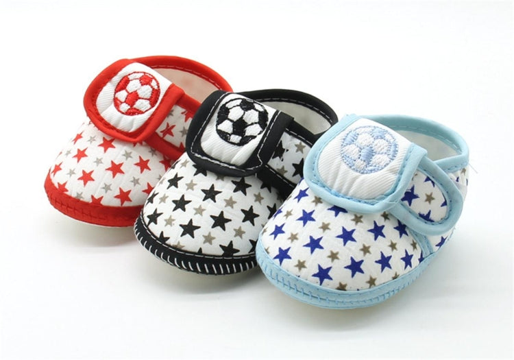 Baby prewalker shoes set with star soccer prints in red, black, and blue