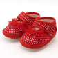 Red baby prewalker shoes with white polka dots, tulle bow, soft sole flats