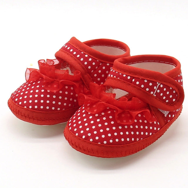 Red baby prewalker shoes with white polka dots, tulle bow, soft sole flats